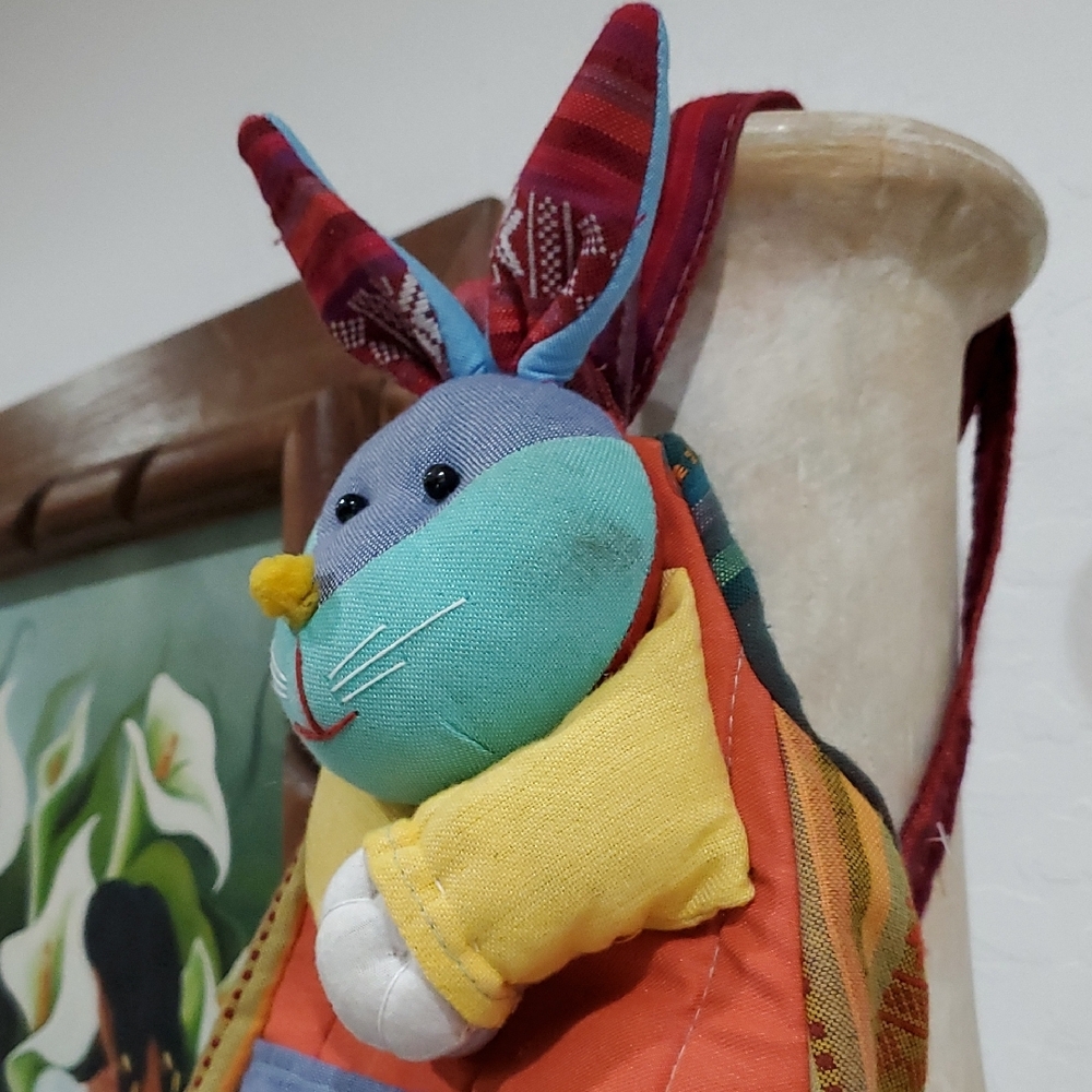 Colorful Bunny Rabbit Backpack Artisan Handmade Sustainable Mission Rafi Nova - Picture 2 of 15